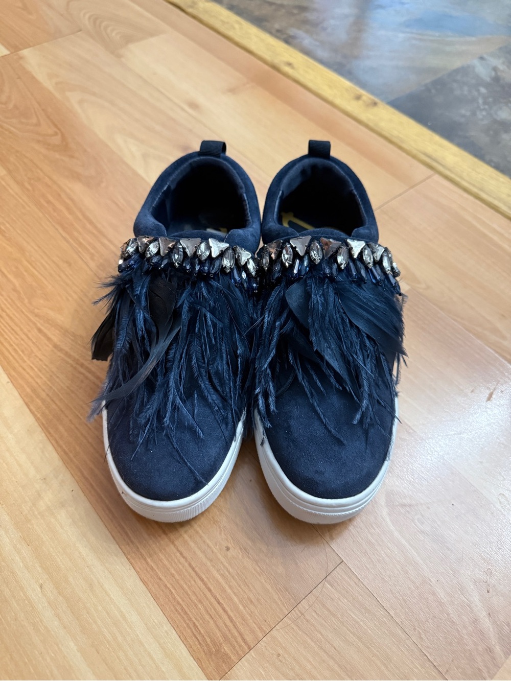 Feather Trim Navy Slip-On Sneakers with Jewel Accent